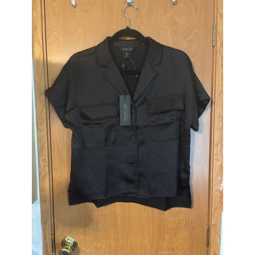 Rachel Zoe Black Satin Short Sleeve Button Down Shirt Pocket Utility Top Large